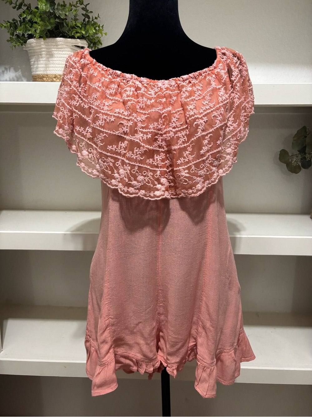 Off-Shoulder Pink Lace-Trim Women’s Top